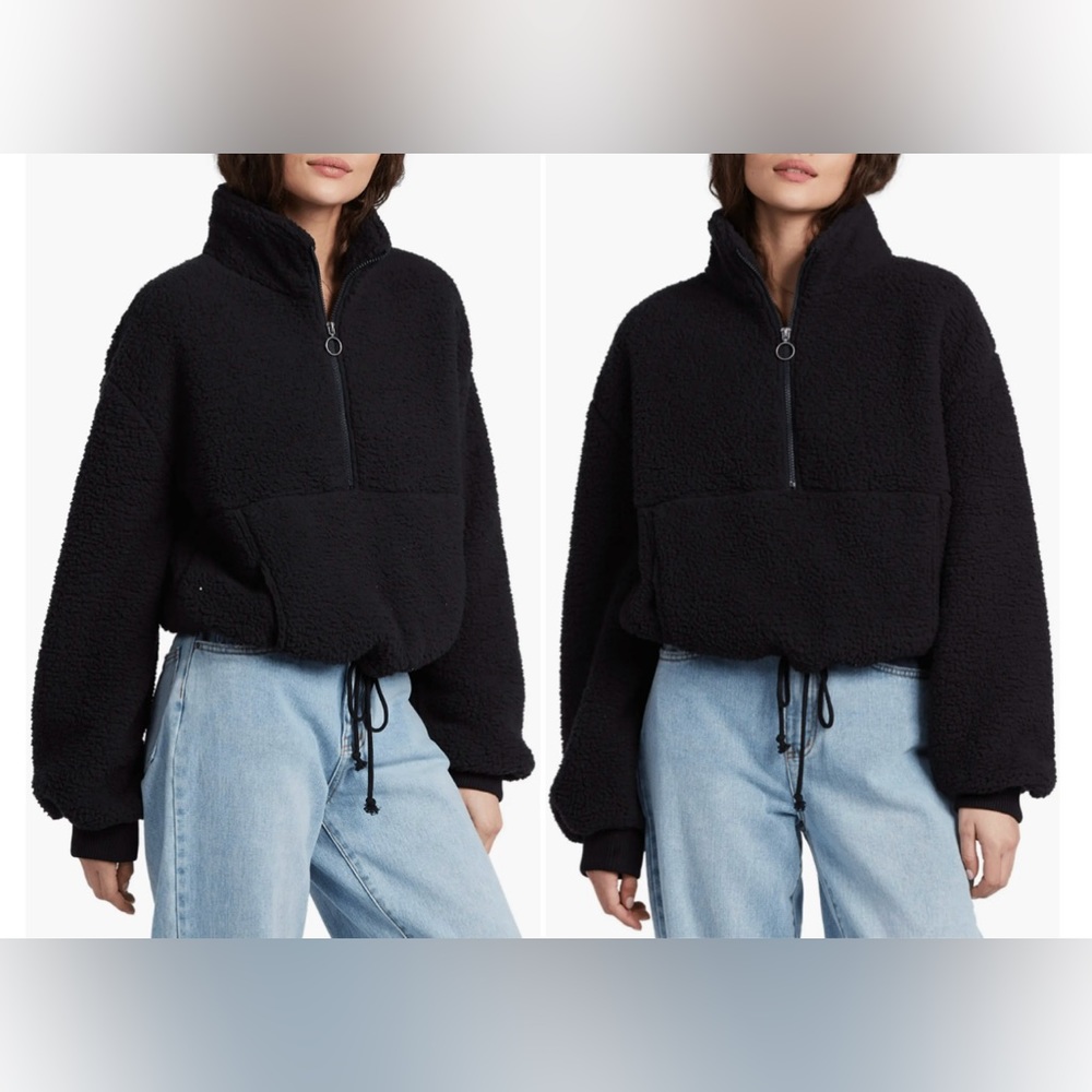 Billabong Time Off Faux Shearling Half Zip Pullover Black NWOT